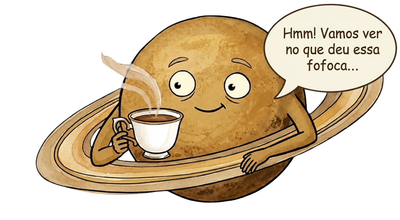 Saturno tomando café, com balão dizendo Hmm! Vamos ver no que deu essa fofoca...